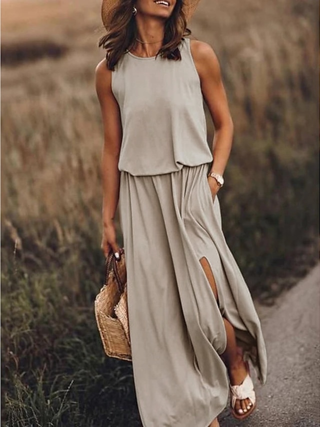 Womens Clothing Womens Dresses | Womens Shift Dress Maxi long Dress Sleeveless Solid Color Pure Color Split Spring Summer Crew N