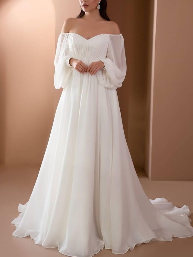  A-Line Wedding Dresses Off Shoulder Sweep / Brush Train Chiffon Long Sleeve Simple with Pleats 2022