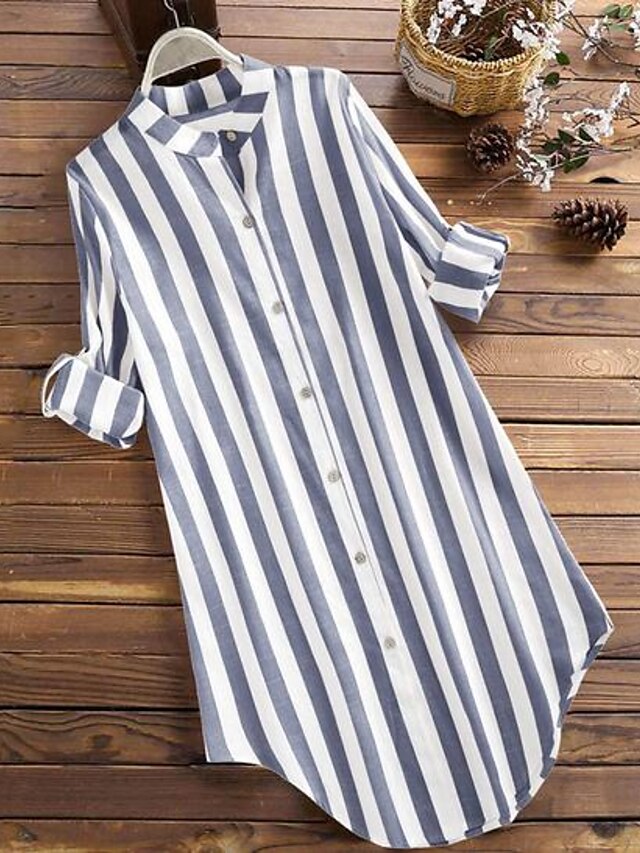 Women's Shirt Blouse Cotton Striped Button Daily Going out Weekend ...