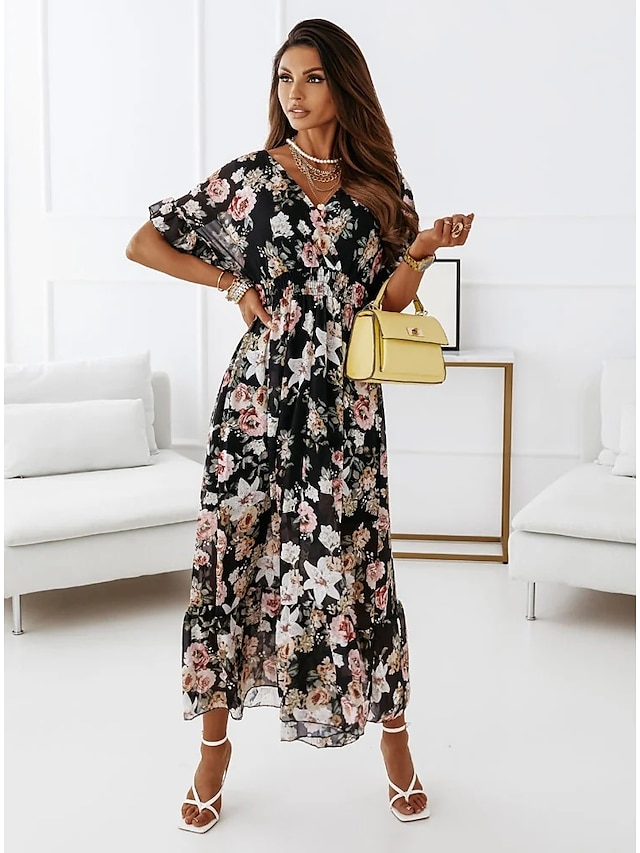 Womens Clothing Womens Dresses | Womens A Line Dress Midi Dress Blue White Black Pink Short Sleeve Floral Print Spring Summer Ca