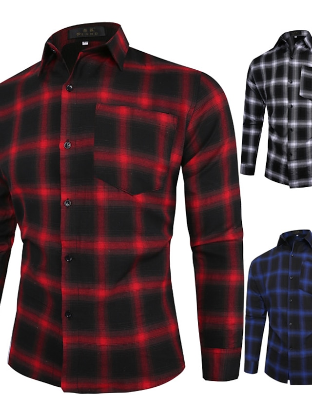  Men's Shirt non-printing Tartan Turndown Home Casual Long Sleeve Tops Casual Soft Breathable Blue White Red