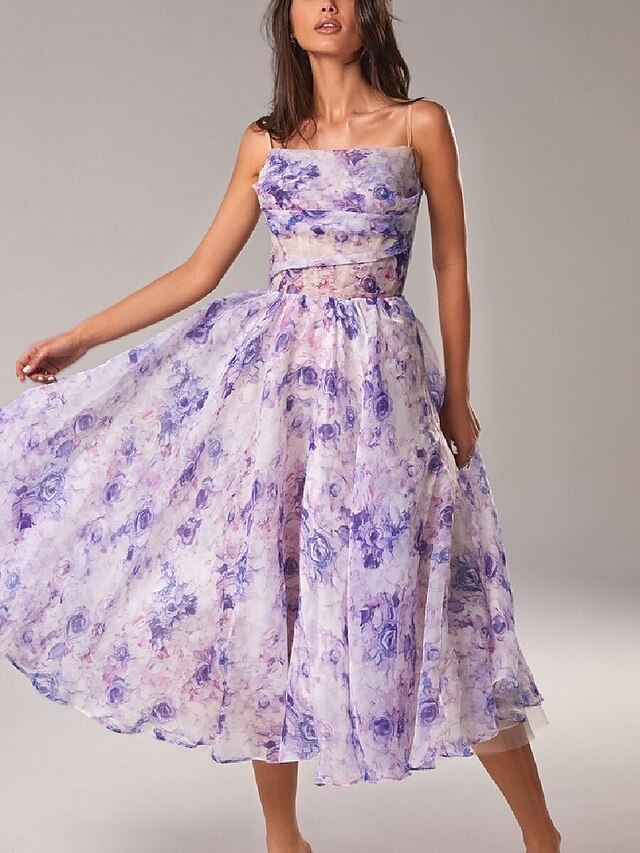  Vestidos de Volta para Casa A-Line Vestido de Casamento na Praia Vestido de Princesa Convidado de Casamento Feriado Comprimento do Chá Sem Mangas Alça Fina Organza com Estampa Vestido de Convidado de