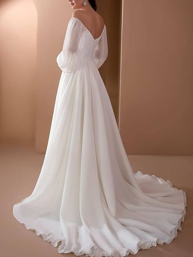 Wedding Dress A-line Off The Shoulder Sleeveless Pleated Court Train Chiffon Boho Bridal Gowns