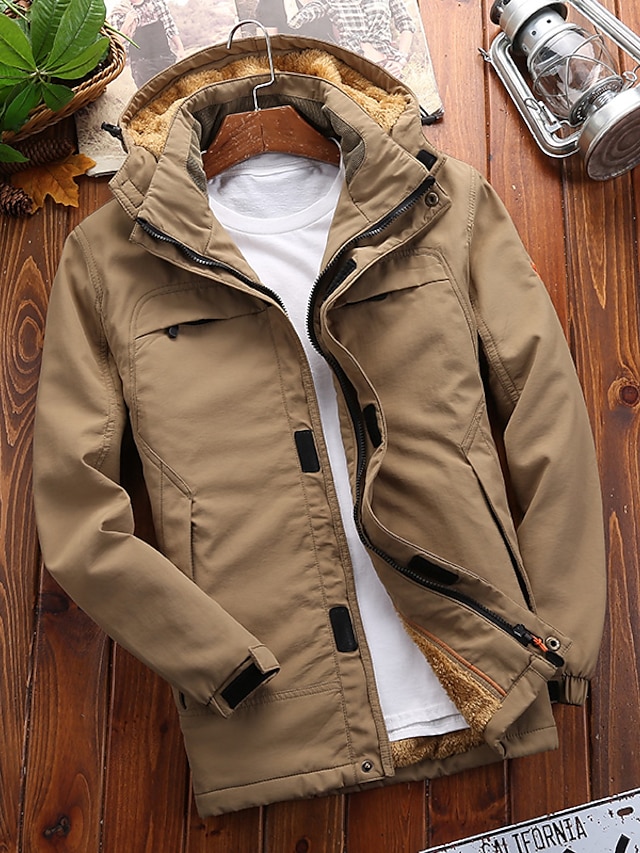  Men's Jacket Daily Sports Winter Spring &  Fall Regular Coat Hooded Regular Fit Warm Sporty Casual Daily Jacket Long Sleeve Solid Colored Full Zip Black Army Green Khaki