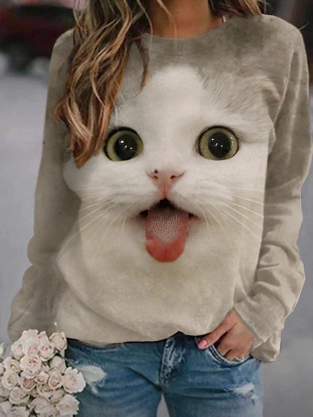  Women's Sweatshirt Pullover Active Streetwear 3D Print White Light Grey Brown Animal Cat 3D Daily Round Neck Long Sleeve S M L XL XXL