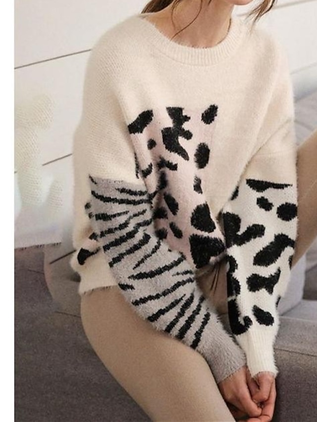 Womens Clothing Sweaters & Cardigans | Womens Pullover Sweater Jumper Knit Patchwork Check Round Neck Leopard Print Casual Daily