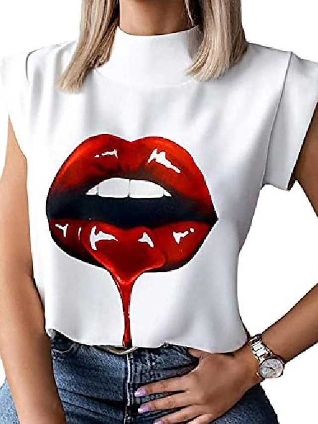 Red Lips Print T-Shirt Women Summer Comfy Casual Tunics Tops Blouses Tshirts 