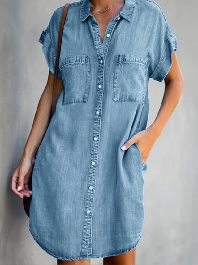  Women's Denim Shirt Dress Short Mini Dress Light Blue Short Sleeve Solid Color Pocket Spring Summer Shirt Collar Hot Casual 2022 S M L XL XXL