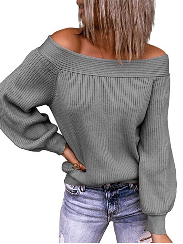  Women's Sweater Pullover Jumper Knitted Solid Color Stylish Casual Sexy Long Sleeve Regular Fit Sweater Cardigans Off Shoulder Fall Winter Green Blue White / Going out