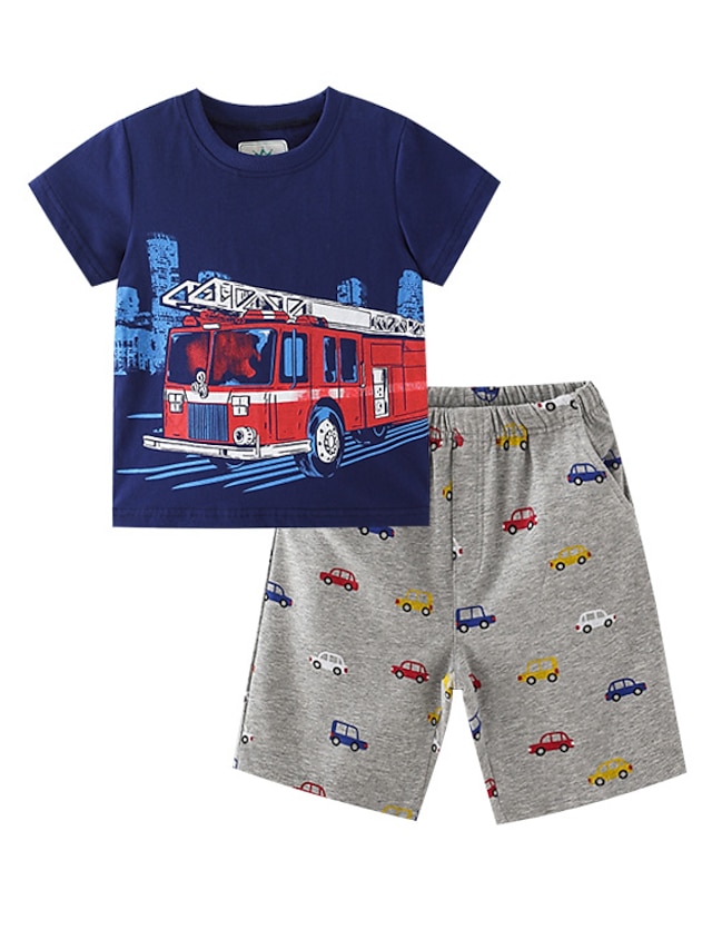 Car Cartoon Printed Kids Boys T-Shirt Tops Plaid Shorts Pants Summer Outfit Sets