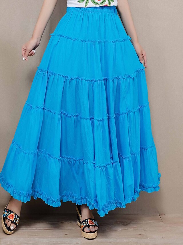 Womens Clothing Womens Bottoms | womens bohemian elastic waist long skirt cotton circle ruffle broomstick peasant maxi tiered sk