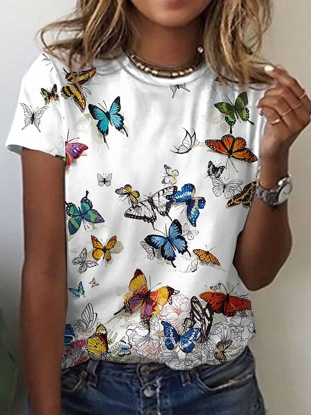 Women's T shirt Tee Animal Butterfly White Print Short Sleeve Daily ...