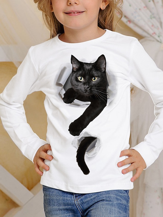  Camiseta con estampado de gato en 3d para niños, camiseta de manga larga con estampado de animales de gato, azul, blanco, rosa, tops para niños, otoño informal, escuela diaria, ajuste regular de 4 a 12 años