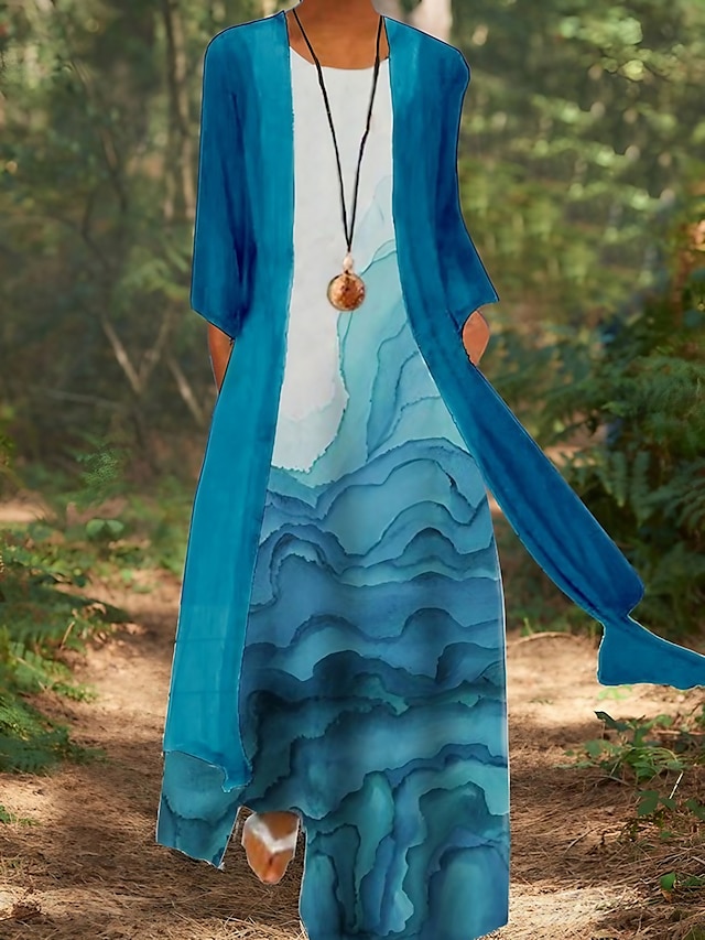  naisten kaksiosainen mekko maxi pitkä mekko sininen violetti kuninkaallinen pitkähihainen kukka eläin taskuprintti syksy kevät pyöreä pääntie tyylikäs rento 2023 m l xl xxl 3xl 4xl 5xl