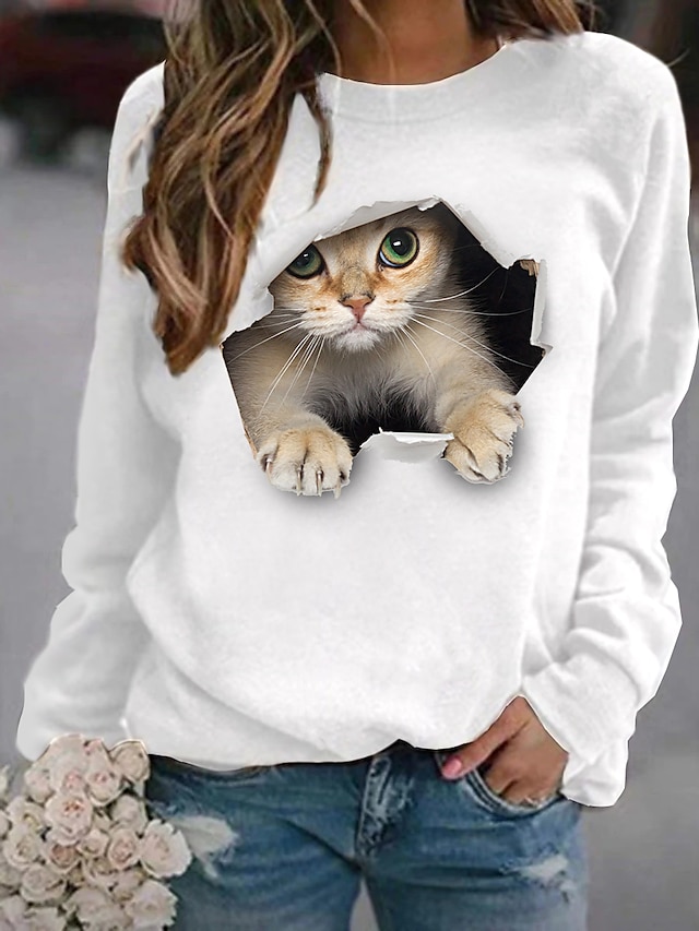  Women's Sweatshirt Pullover 3D Print Active Streetwear Black White Yellow Animal Cat 3D Daily Long Sleeve Round Neck Cotton