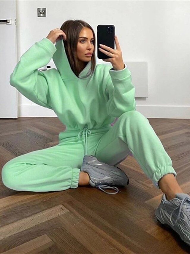 Womens Clothing Womens Tops | Womens Plain Daily Wear Date Two Piece Set Hooded Hoodie Pants Sets Jogger Pants Tops - MA14177