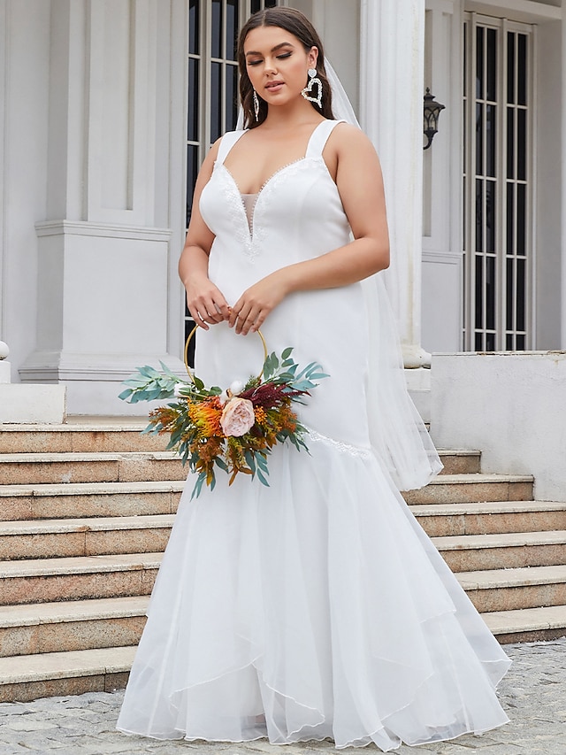 Hall Wedding Dresses Floor Length Mermaid / Trumpet Sleeveless V Neck Chiffon With Lace Pick Up Skirt 2023 Bridal Gowns / Beach / Beach