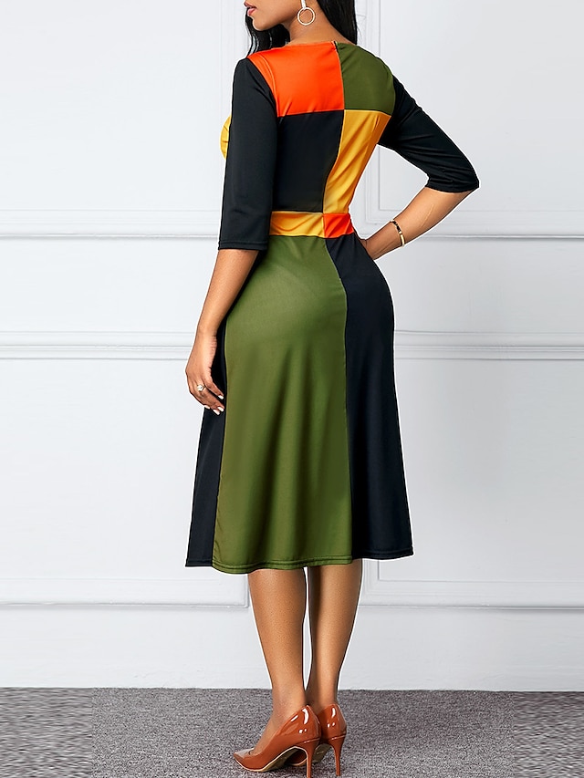 Womens Clothing Womens Dresses | Womens Sheath Dress Knee Length Dress Green 3/4 Length Sleeve Color Block Patchwork Fall Spring