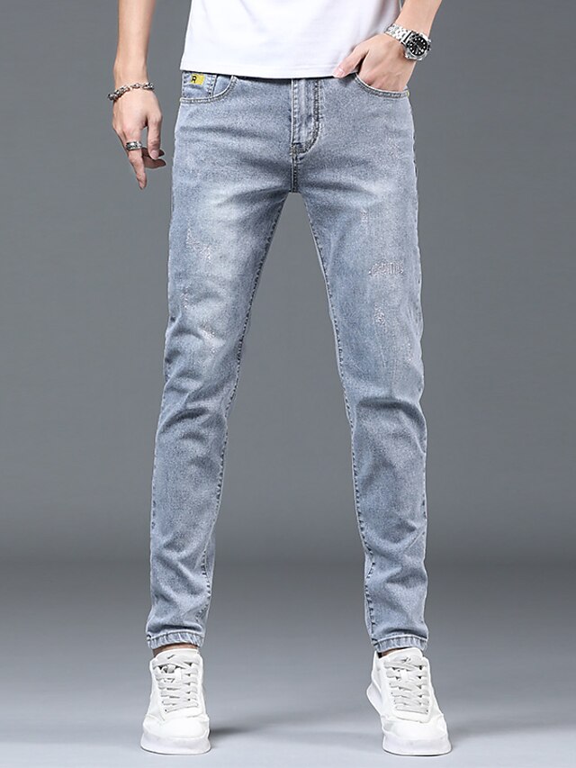 Hombre Sencillo Vaqueros Mezclilla Diario Noche Pantalones Color sólido  Longitud total Cremallera Azul claro / Verano 8731651 2021 – $30.79