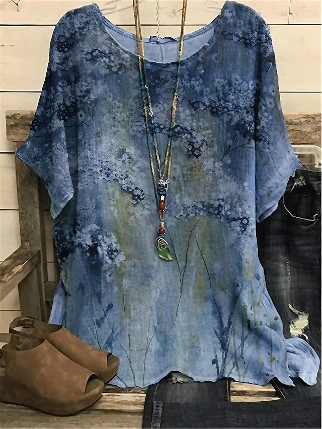 Women's Plus Size Blouse Chiffon Vintage Basic Holiday Floral Print Dolman Sleeve Short Sleeve Regular Tops Crew Neck Vacation Daily Weekend Pink Blue Green Gray Summer Spring 12