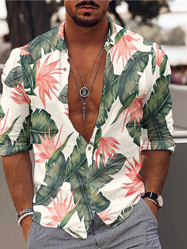  Men's Shirt Summer Hawaiian Shirt Graphic Hawaiian Aloha Palm Leaf Design Collar Black / White Blue Green Print Plus Size Street Casual Long Sleeve 3D Print Button-Down Clothing Apparel Fashion