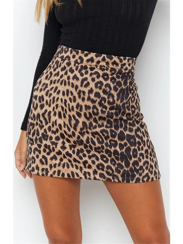 Women's Skirt Bodycon Suede Brown Beige Skirts Leopard Print Streetwear ...