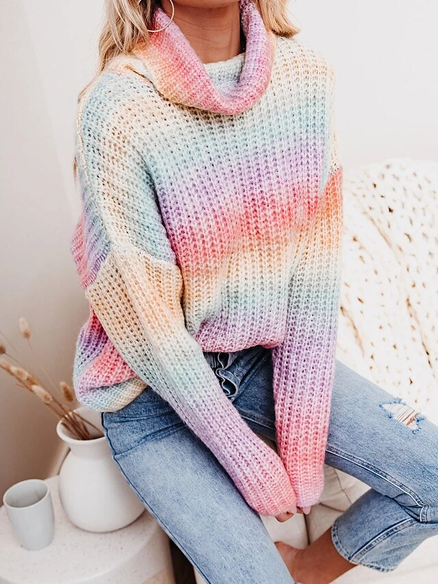 Womens Clothing Sweaters & Cardigans | Womens Pullover Sweater Jumper crochet waffle Knit Knitted Rainbow Turtleneck Stylish Bas