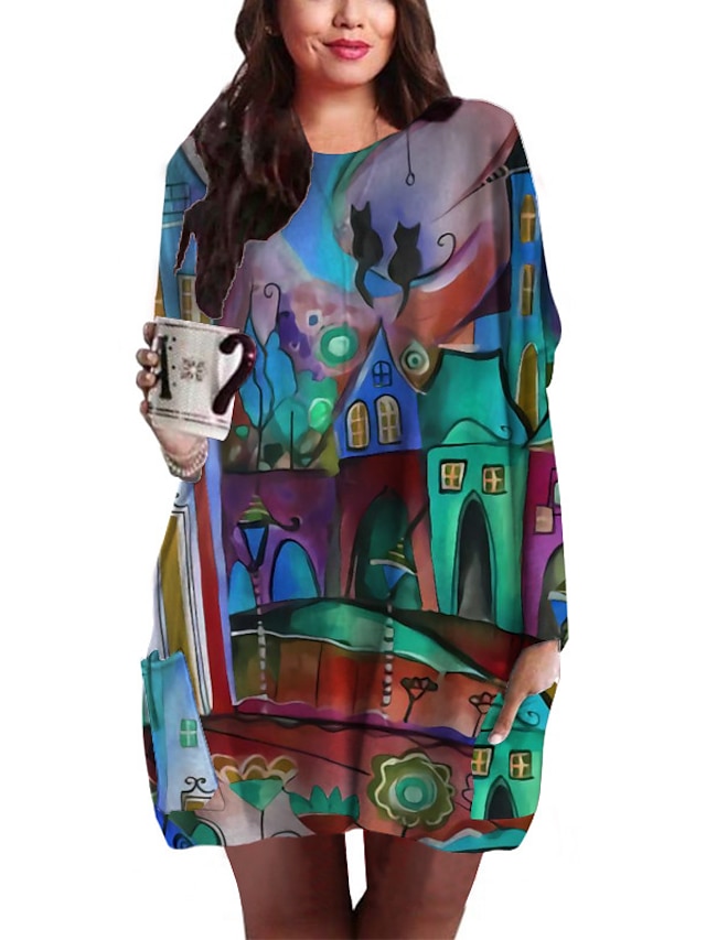 Womens Clothing Plus Size Collection | Womens Plus Size Shift Dress Graphic Round Neck Print Long Sleeve Fall Summer Basic Short