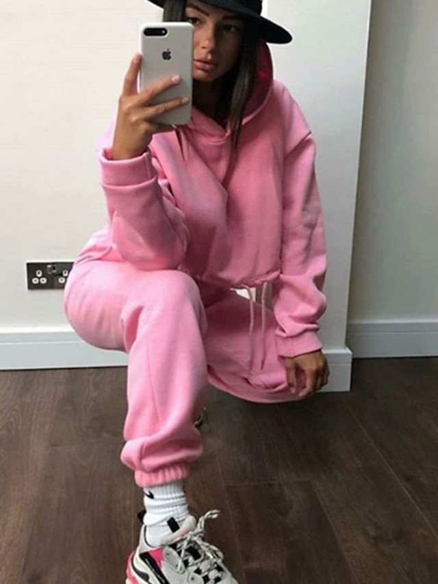 Womens Clothing Womens Tops | Womens Plain Daily Wear Date Two Piece Set Hooded Hoodie Pants Sets Jogger Pants Tops - MA14177