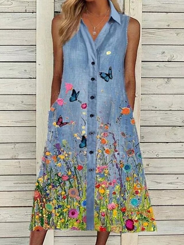  Women's Shirt Dress Maxi long Dress Daily Holiday Polyester Cotton Blend Casual Shirt Collar Button Pocket Sleeveless Summer Spring 2023 Loose Fit Picture color Butterfly S M L XL XXL