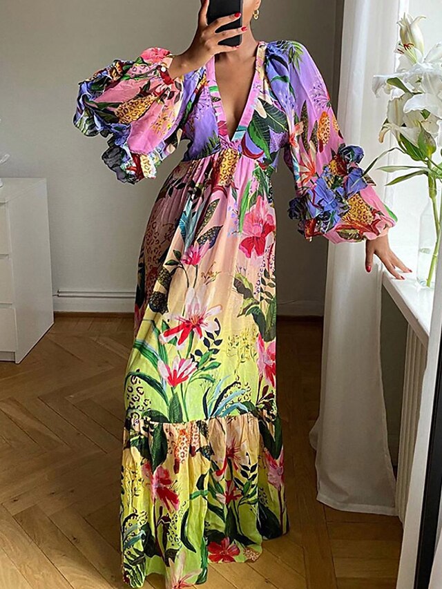 Womens Clothing Womens Dresses | Womens A Line Dress Maxi long Dress Pink Long Sleeve Floral Print Spring Summer V Neck Boho 202