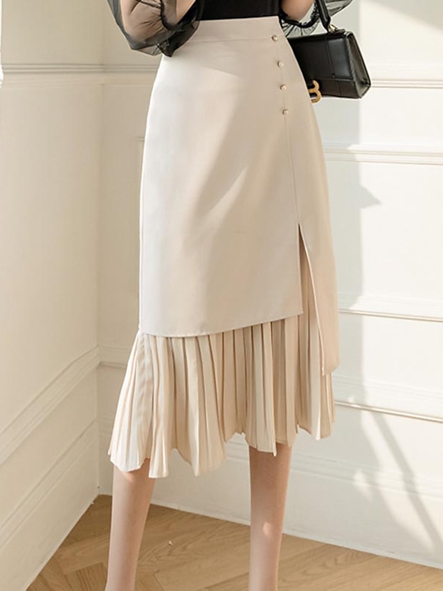  Women's Office / Career Date Elegant Streetwear Calf-Length Skirts Solid Colored Pleated Patchwork Black Beige