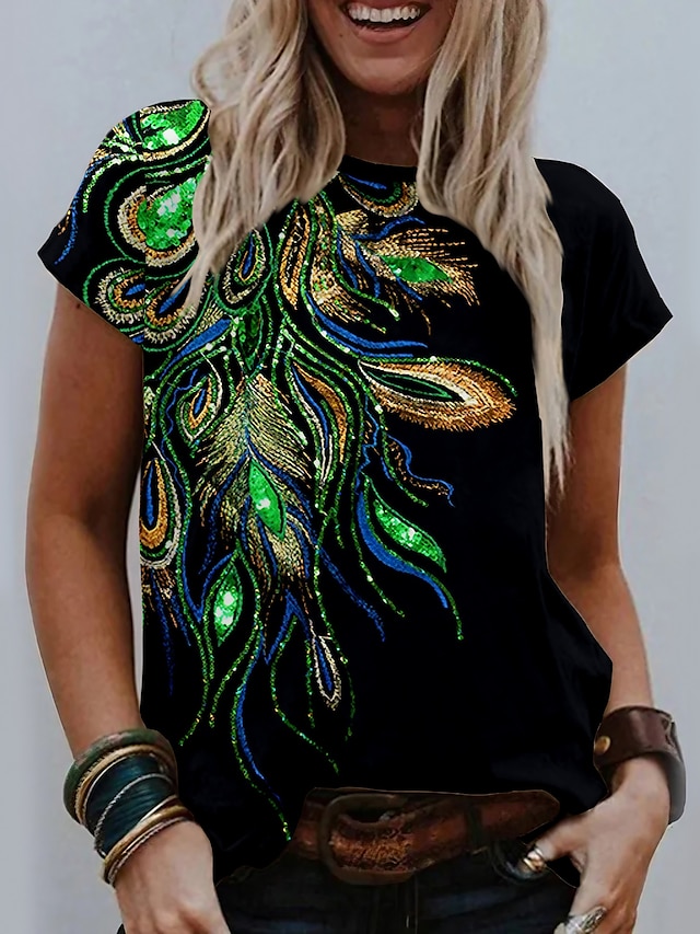 Womens Clothing Womens Tops | Womens Graphic Patterned Feather Daily Weekend Painting T shirt Tee Short Sleeve Print Round Neck 