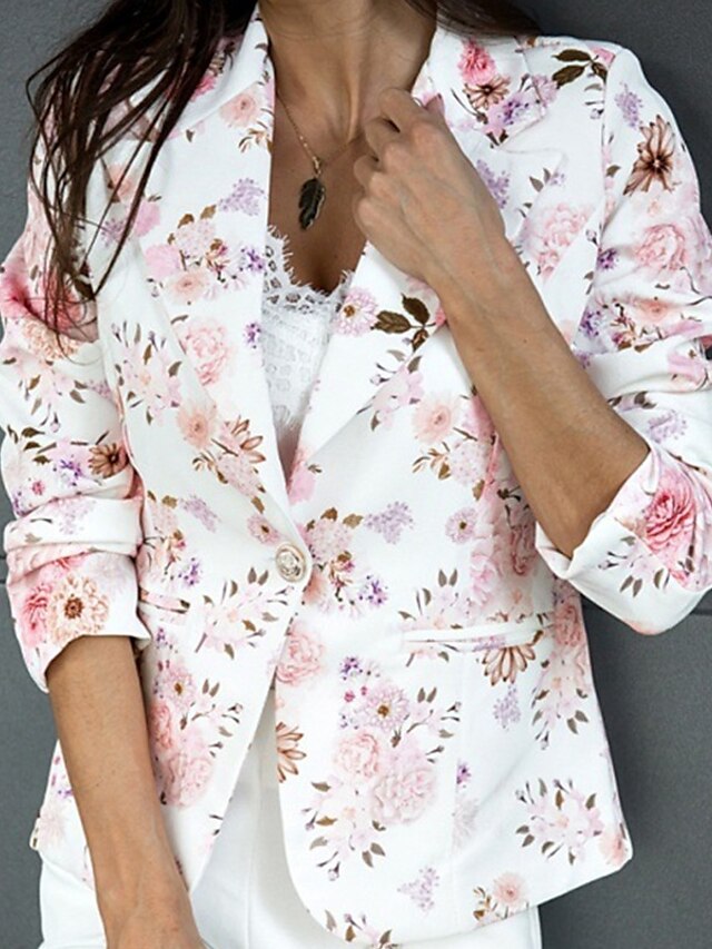  Women's Blazer Daily Work Spring &  Fall Short Coat Regular Fit Casual Jacket Long Sleeve Floral Print Print Blushing Pink White Black