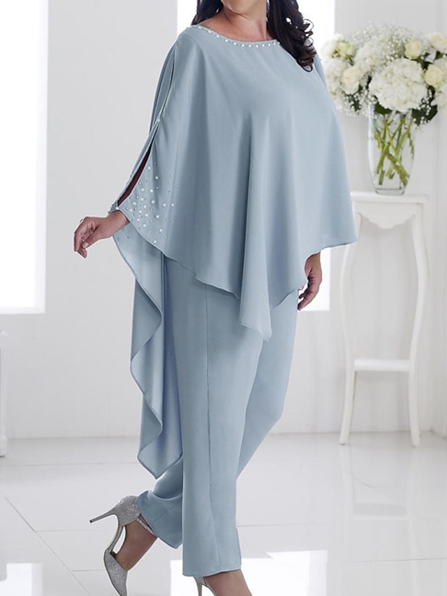  סרבל / חליפת מכנסיים שמלת אם הכלה אורחת חתונה אלגנטית צווארון תכשיט באורך רצפת שיפון שרוול ארוך עם חרוזים סתיו 2023