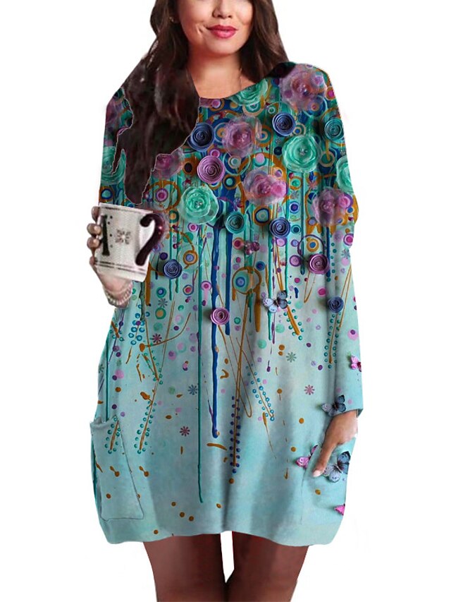 Womens Clothing Plus Size Collection | Womens Plus Size Shift Dress Floral Round Neck Print Long Sleeve Fall Summer Basic Short 