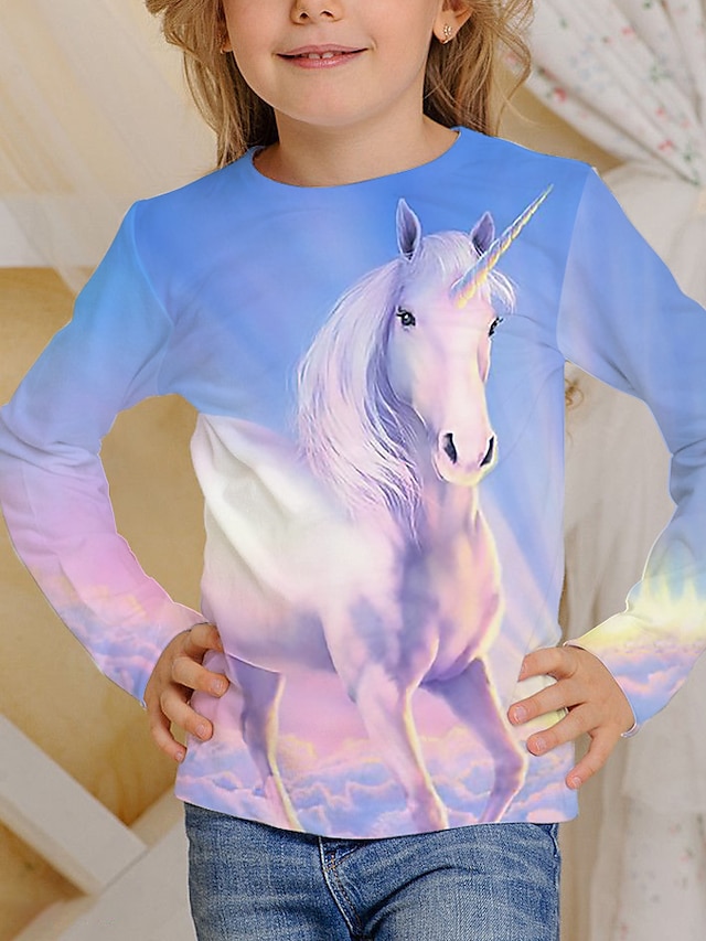  lasten tyttöjen yksisarvinen 3d-printti t-paita t-paita pitkähihainen eläinprintti sininen lasten topit syksyllä aktiivinen koulu arkikäyttö normaali istuvuus 4-12v.