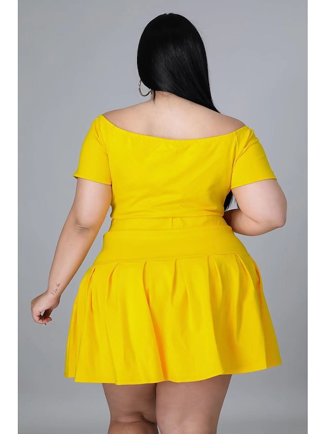 Womens Clothing Plus Size Collection | Womens Plus Size Two Piece Dress Solid Color Wide collar Short Sleeve Spring Summer Casua