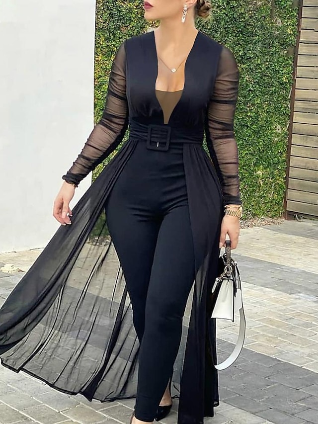  Women's Jumpsuit Solid Color Deep V Casual Daily Long Sleeve Belt Tight Belt Overall Suitable for Party Summer