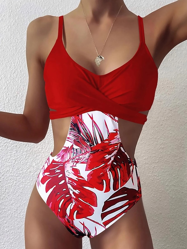 Womens Clothing Womens Swimwear | Womens Swimwear One Piece Monokini trikini Normal Swimsuit Sexy Hole Plants White Black Red Ba