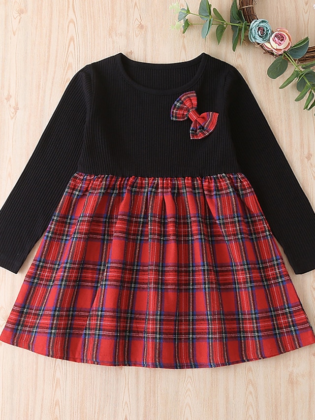 Baby & Kids Girls Clothing | Kids Toddler Little Girls Dress Black & Red Plaid Patchwork Bow Print Black Knee-length Long Sleeve