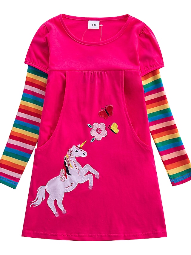  Kids Girls' Dress Animal Rainbow Unicorn Long Sleeve School Daily Embroidered Sweet 100% Cotton Knee-length Spring Fall 2-8 Years Royal Blue Fuchsia