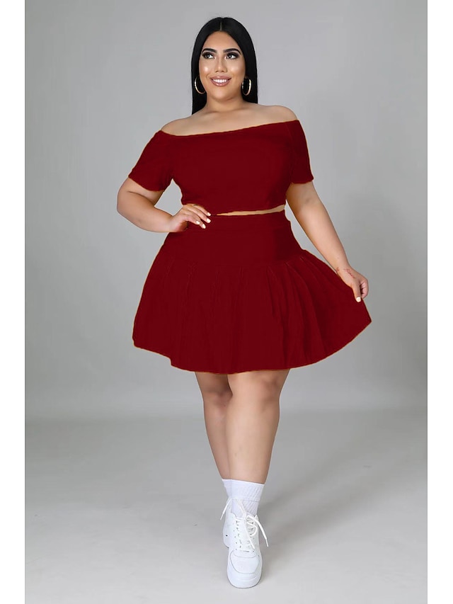 Womens Clothing Plus Size Collection | Womens Plus Size Two Piece Dress Solid Color Wide collar Short Sleeve Spring Summer Casua