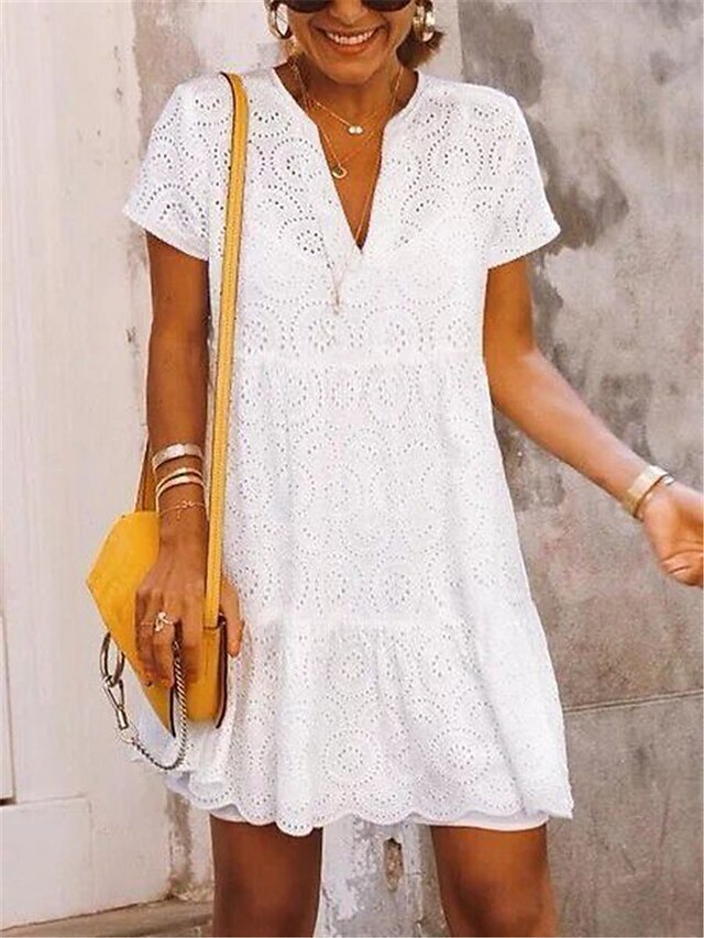 Womens Clothing Womens Dresses | Womens T Shirt Dress Tee Dress Short Mini Dress White Short Sleeve Solid Color Lace Summer V Ne