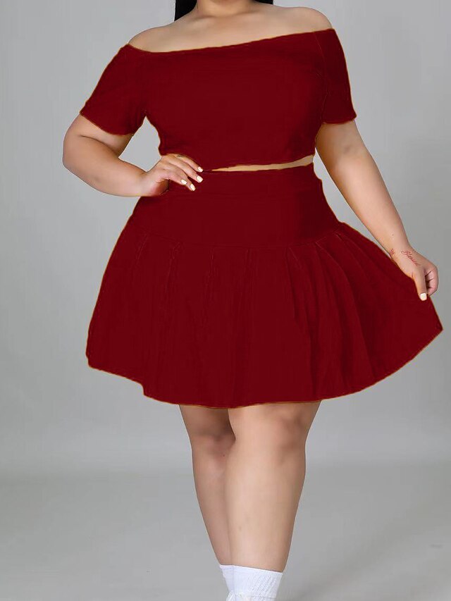 Womens Clothing Plus Size Collection | Womens Plus Size Two Piece Dress Solid Color Wide collar Short Sleeve Spring Summer Casua