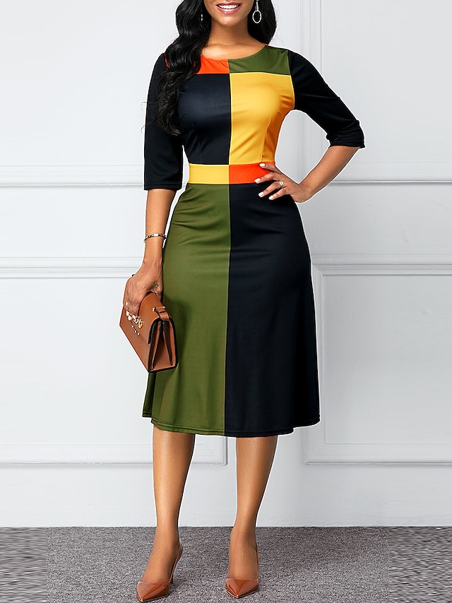 Womens Clothing Womens Dresses | Womens Sheath Dress Knee Length Dress Green 3/4 Length Sleeve Color Block Patchwork Fall Spring