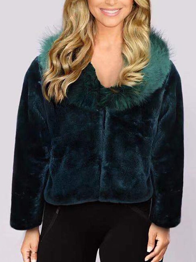  Women's Faux Fur Coat Party Evening Party Outdoor clothing Fall Winter Spring Regular Coat V Neck Regular Fit Elegant & Luxurious Jacket Long Sleeve Solid Colored Fur Trim Wine Gray Green / Plus Size