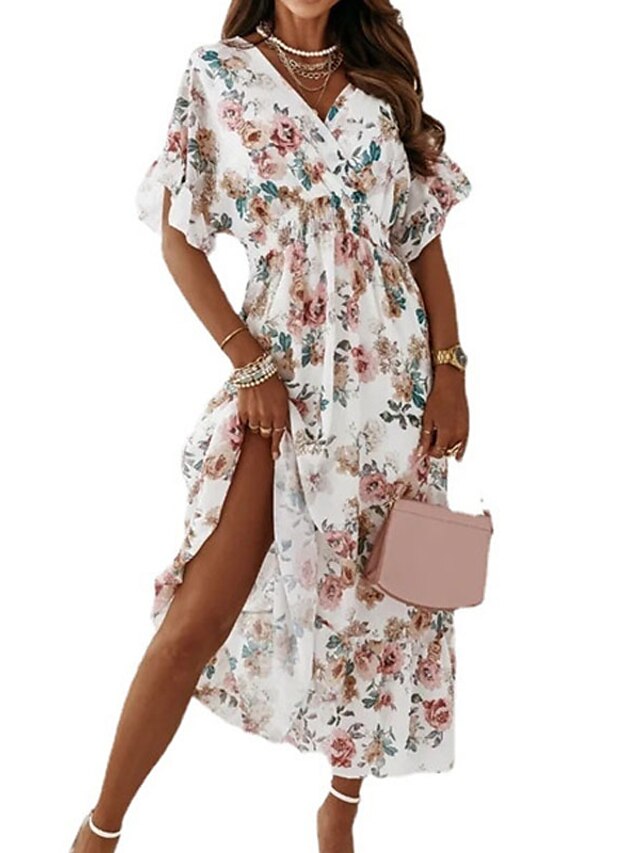 Womens Clothing Womens Dresses | Womens A Line Dress Maxi long Dress Blue White Black Pink Half Sleeve Floral Print Summer V Nec