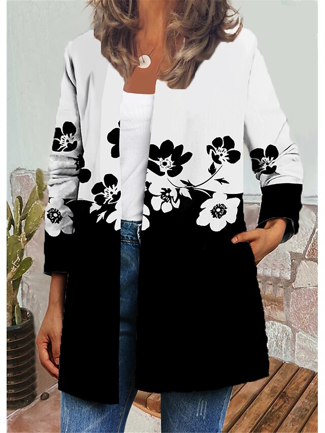  Women's Jacket Casual Jacket Print Regular Coat White Black Daily Casual Open Front Autumn / Fall Round Neck Regular Fit S M L XL XXL 3XL / Floral / Geometric