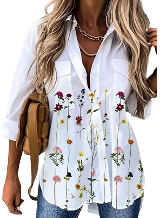  Women's Blouse Floral Graphic Patterned Casual Daily Floral Blouse Shirt Long Sleeve Pocket Shirt Collar Basic Essential Elegant Vintage White S